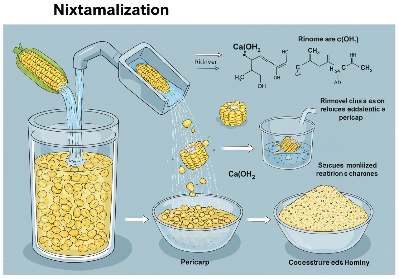 A scientific illustration showing the nixtamalization process: corn kernels soaking in lime water, then being washed and peeled, finally showing the processed hominy. Include chemical symbols for calcium hydroxide.