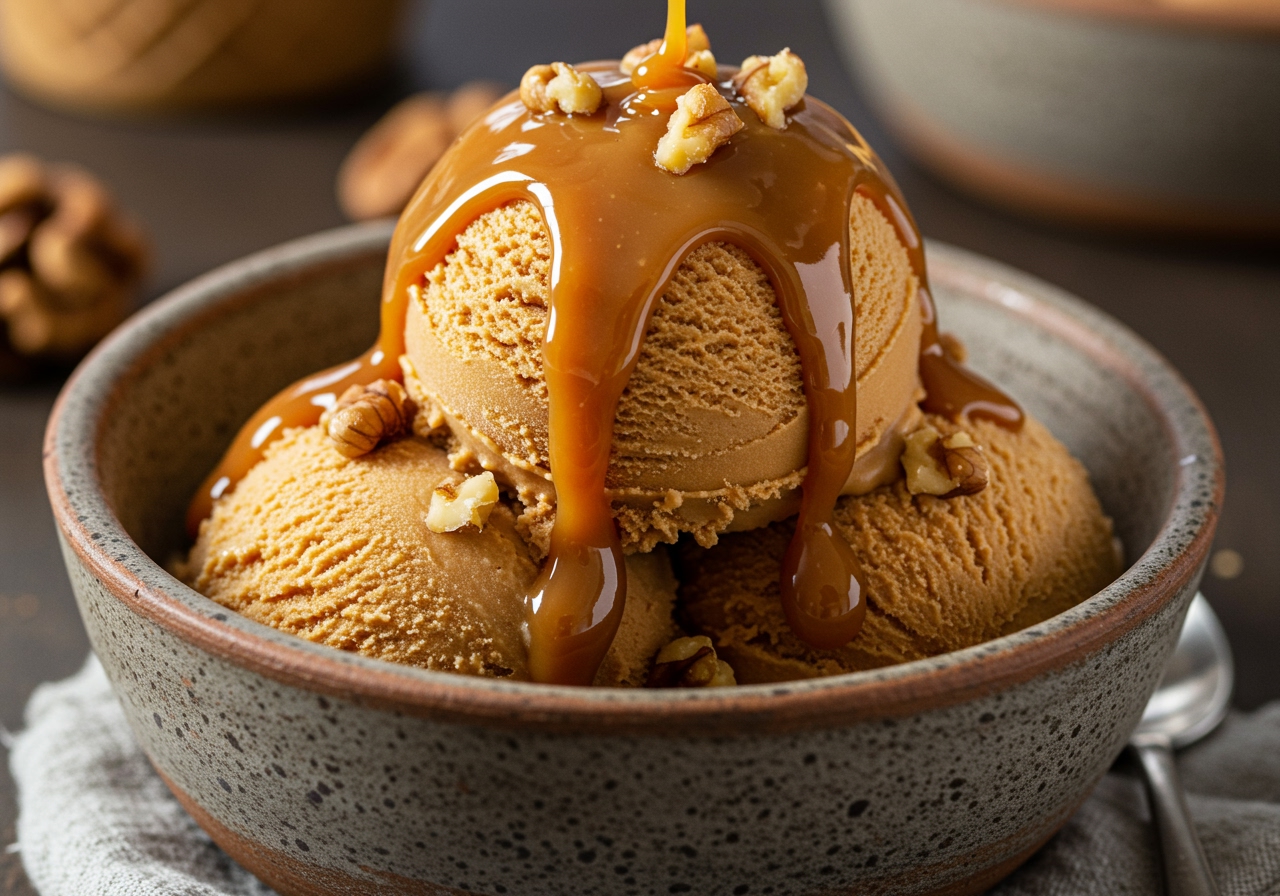 A scoop of homemade dulce de leche ice cream in a bowl, garnished with a drizzle of dulce de leche and some chopped nuts.