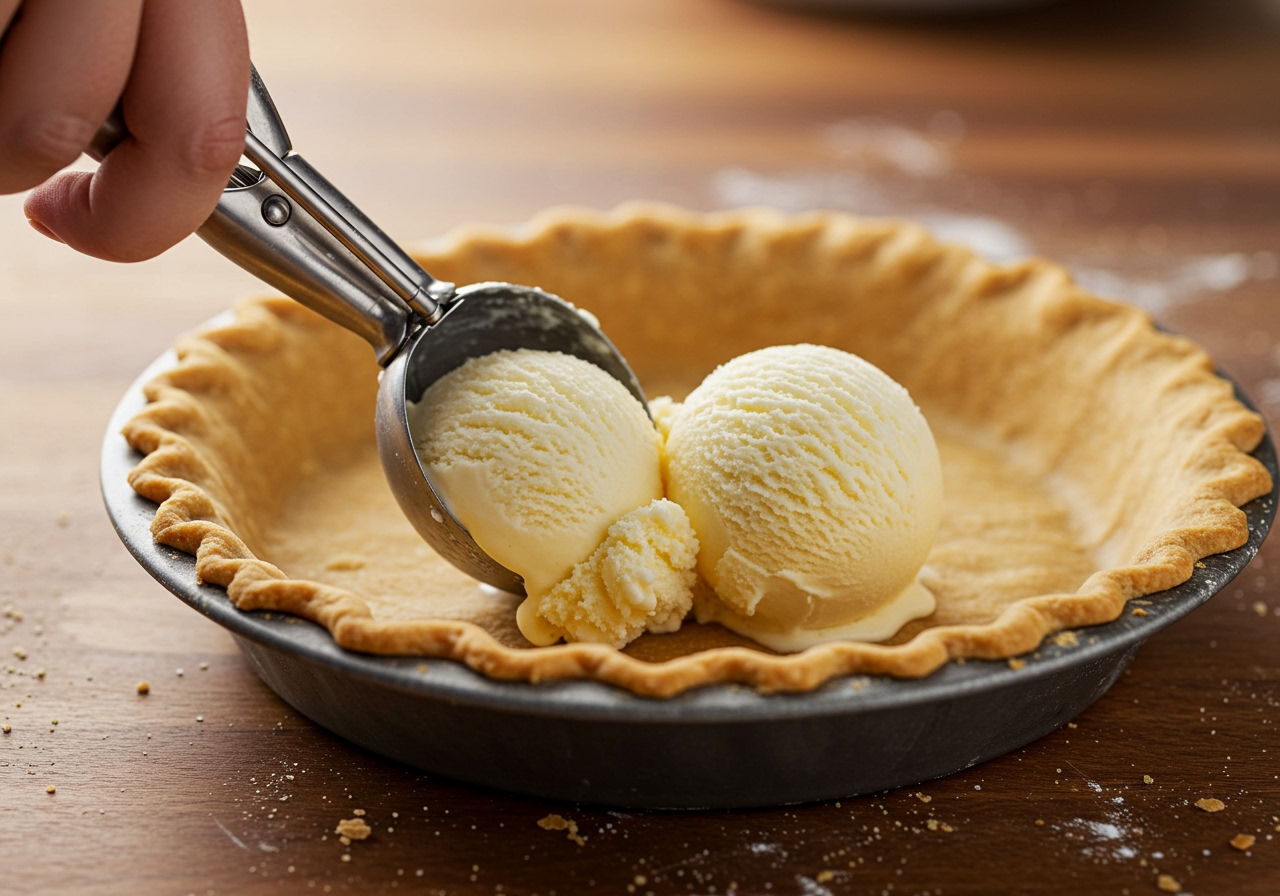 A scoop of slightly softened vanilla ice cream being placed into a pie crust in a pie dish.