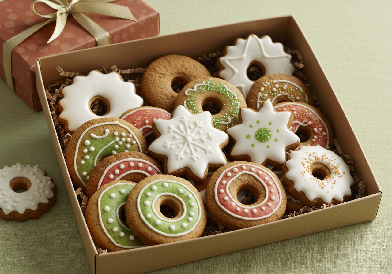 A selection of beautifully decorated Springerle cookies, some with classic white icing, others with a hint of color or edible glitter, arranged in a festive gift box tied with a ribbon.