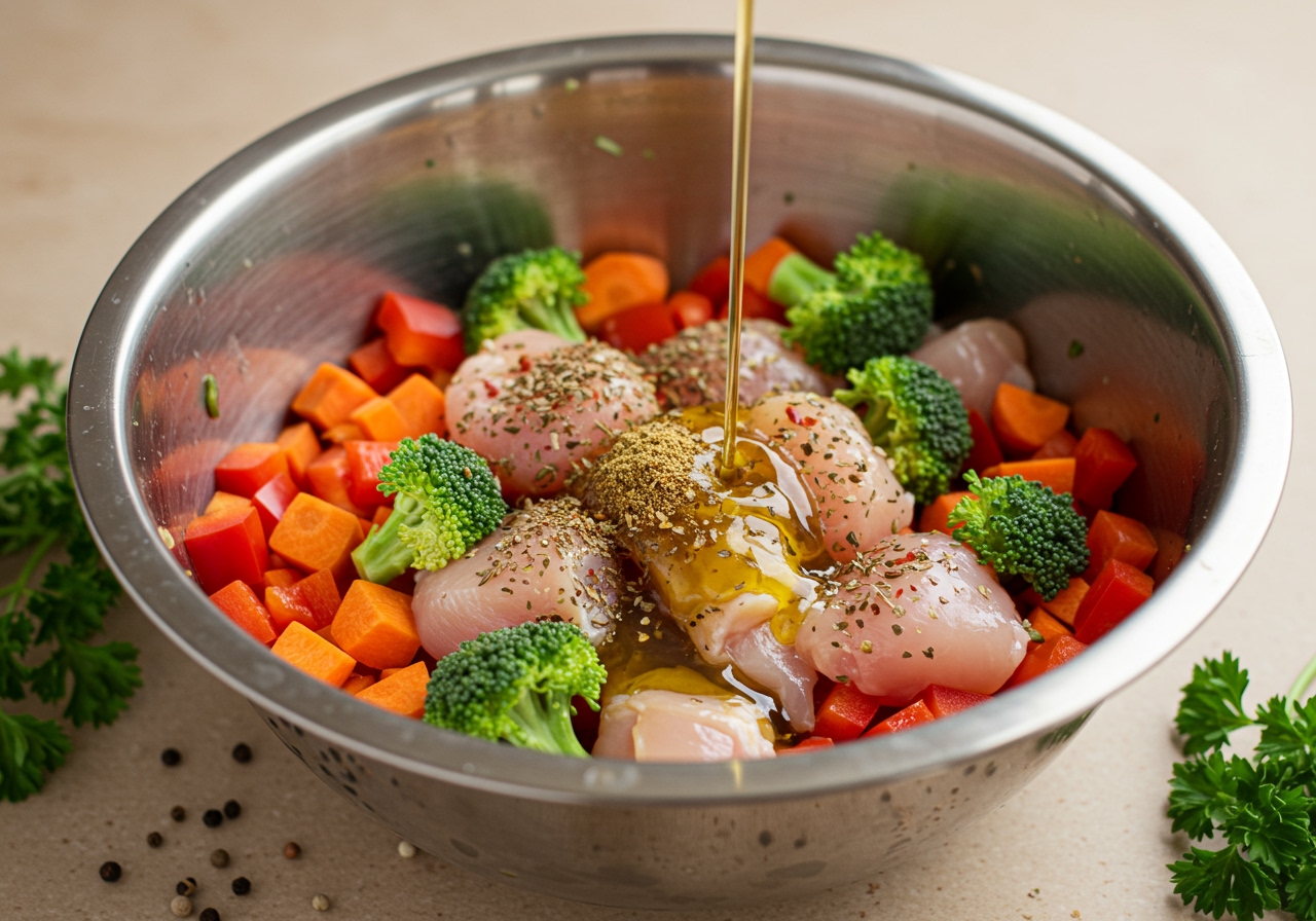 A selection of chopped vegetables and raw chicken in a bowl being tossed with olive oil and spices