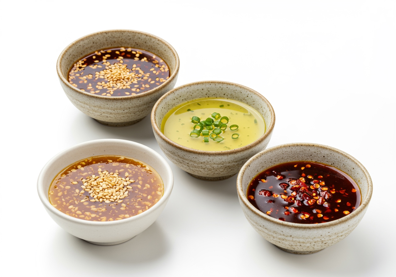 A selection of different dressings suitable for cold shabu-shabu salad, including sesame, ponzu, and a spicy option.