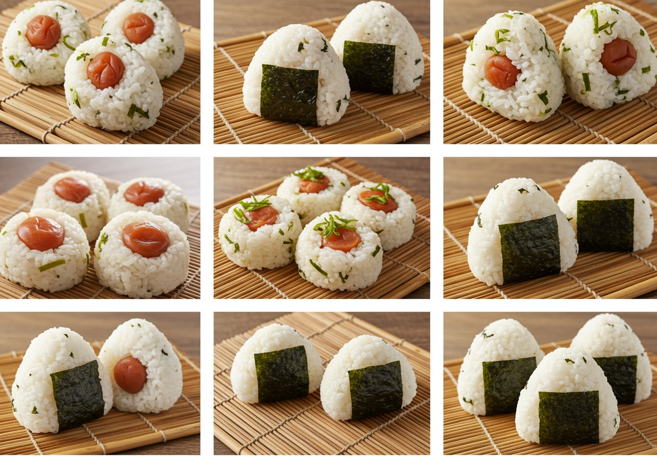 A selection of different 梅しそおにぎり shapes and styles, including some wrapped in nori and some left plain, displayed on a bamboo mat.