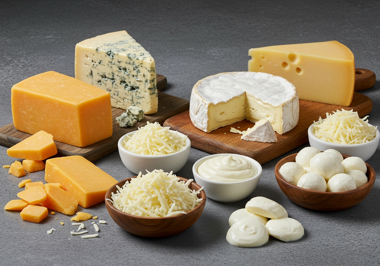 A selection of different types of cheese blocks and grated cheese in bowls, suggesting options for the creamy sauce.