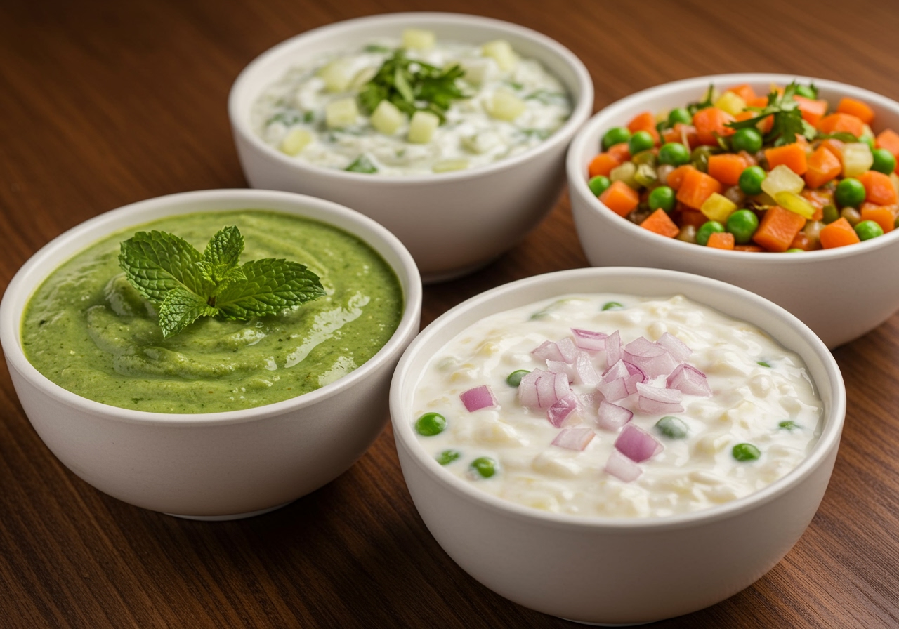 A selection of different types of raita in small bowls: cucumber raita, onion raita, and mixed vegetable raita.