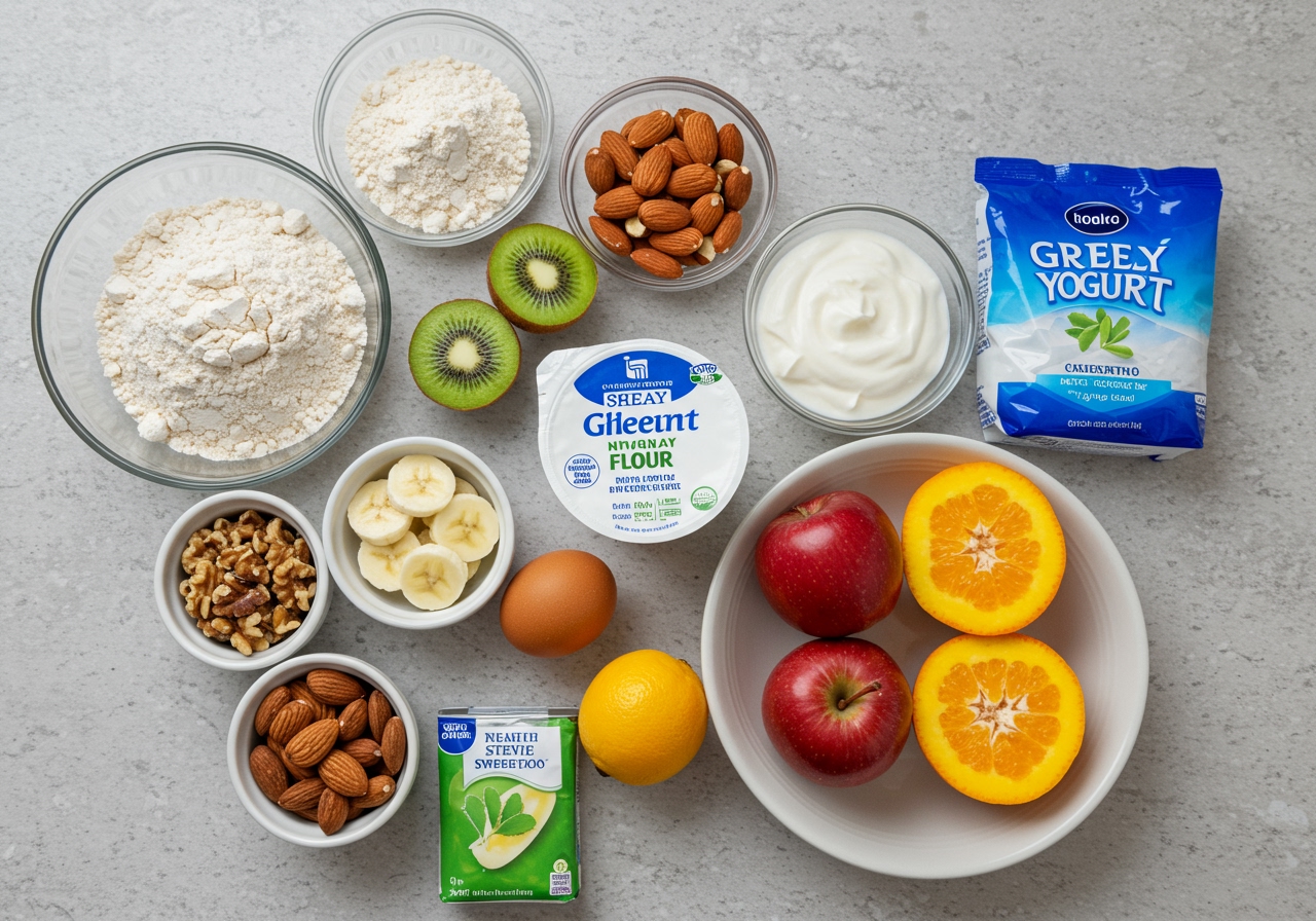 A selection of healthy baking ingredients laid out on a kitchen counter, including whole wheat flour, almond flour, natural sweeteners like stevia or erythritol, Greek yogurt, fresh fruits, and nuts.