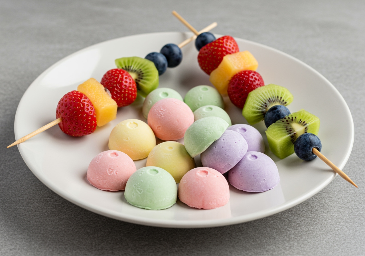 A selection of healthy frozen snacks like fruit skewers and frozen yogurt drops on a plate.