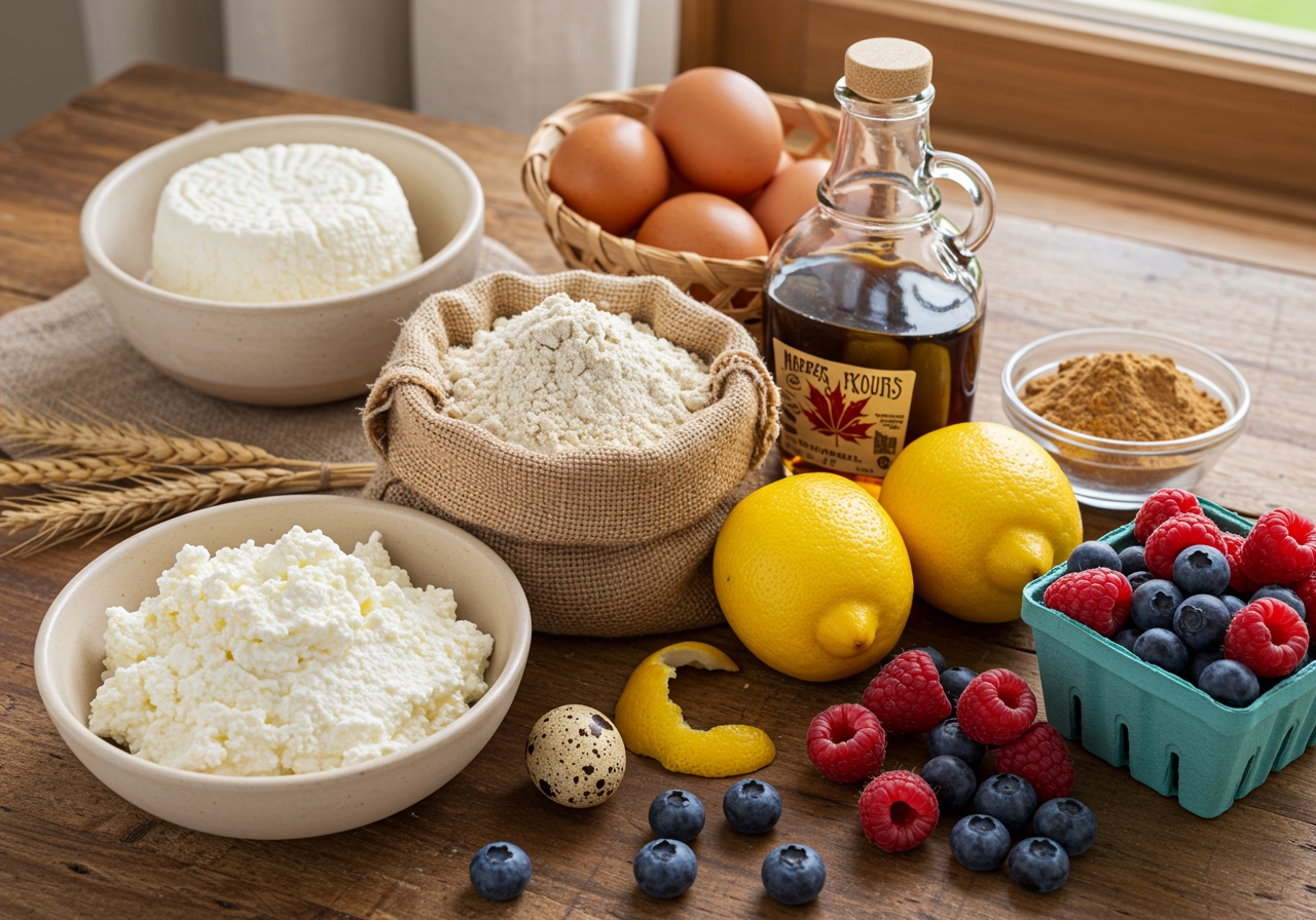 A selection of healthy ingredients for the ricotta tart, including low-fat ricotta cheese, whole wheat flour, maple syrup, eggs, lemon, and berries.