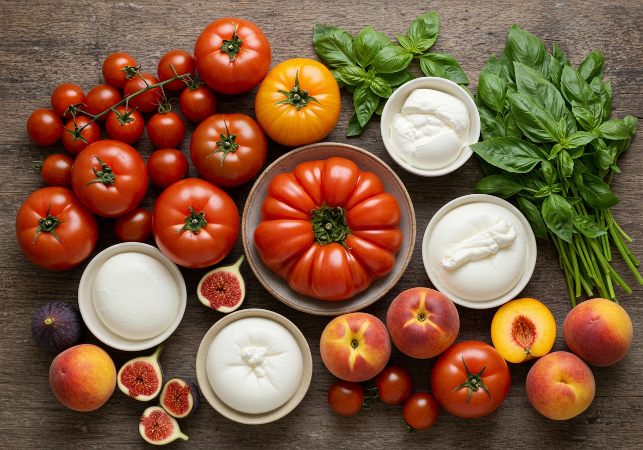 A selection of high-quality fresh ingredients laid out on a rustic wooden table, including various colorful heirloom tomatoes, different types of mozzarella and burrata, fresh basil, ripe figs, and peaches, ready for making caprese.