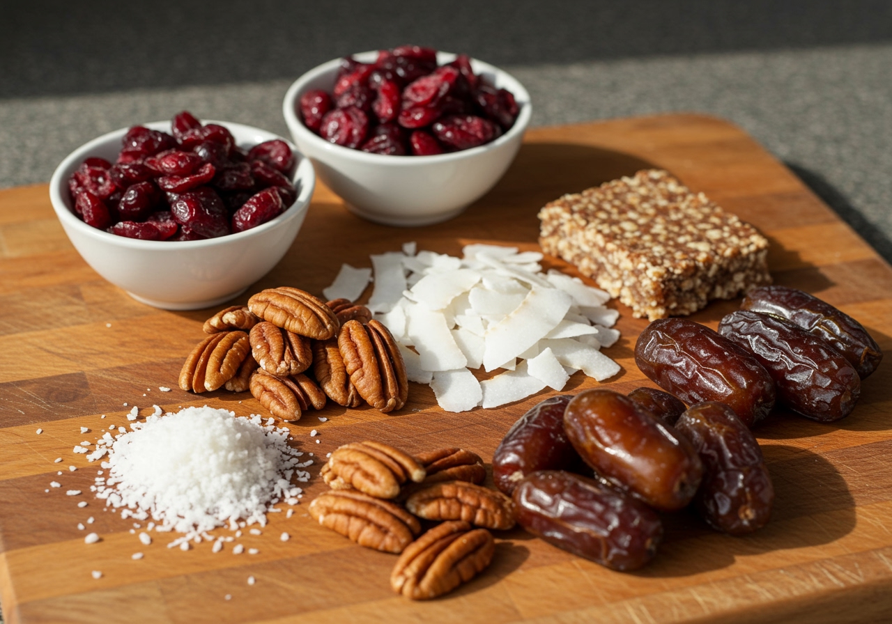 A selection of ingredients for healthy coconut cranberry pecan bars: dried cranberries, pecan halves, shredded coconut, and pitted dates on a wooden board.