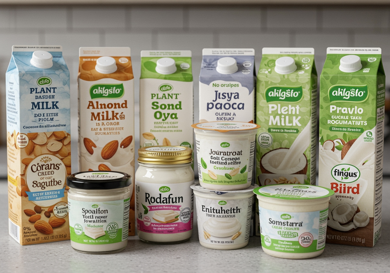 A selection of plant-based milk cartons and jars of plant-based yogurt or cream alternatives.