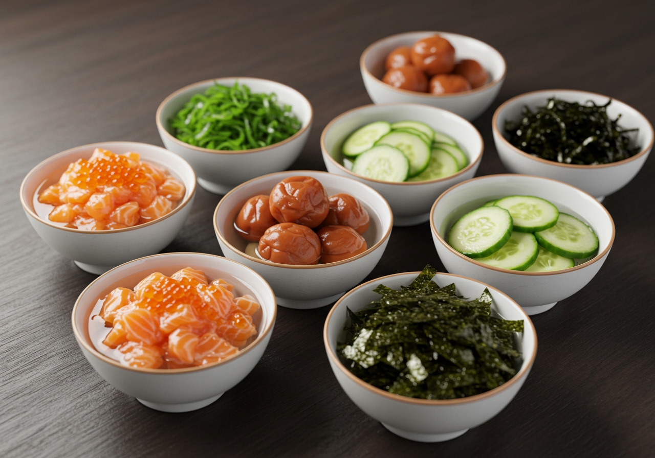 A selection of small bowls containing various cold chazuke toppings like salmon flakes, umeboshi, cucumber, and nori.