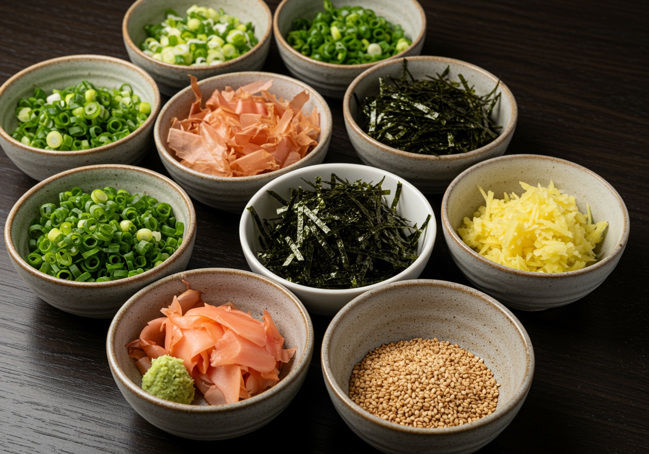 A selection of small bowls filled with various soba condiments like chopped green onions, grated ginger, wasabi, shredded nori, and sesame seeds, arranged neatly.