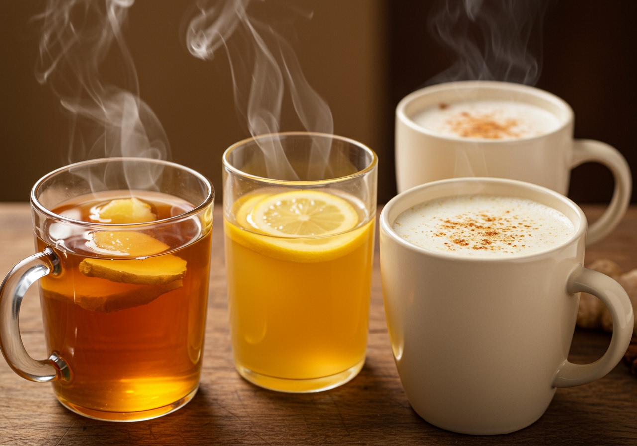 A selection of steaming hot ginger drinks in different mugs - maybe ginger tea, ginger lemon honey, and a ginger milk.