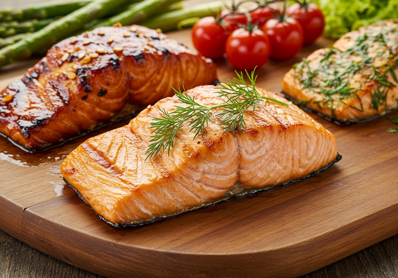 A selection of three different grilled salmon dishes: one with a mirin soy glaze, one with fresh herbs, and one with a rich miso marinade.