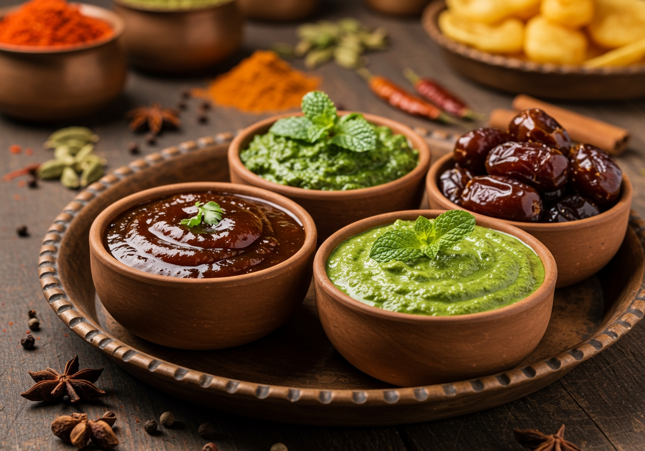 A selection of various chutneys used in Indian chaat, such as tamarind, mint-coriander, and date chutneys.
