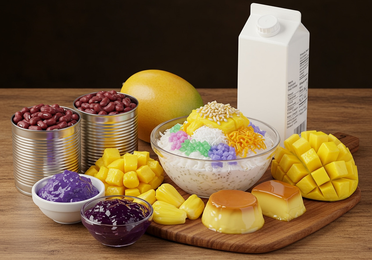 A selection of various Halo-Halo ingredients laid out on a table: canned beans, nata de coco, diced fruits, ube jam, leche flan, and a carton of milk.