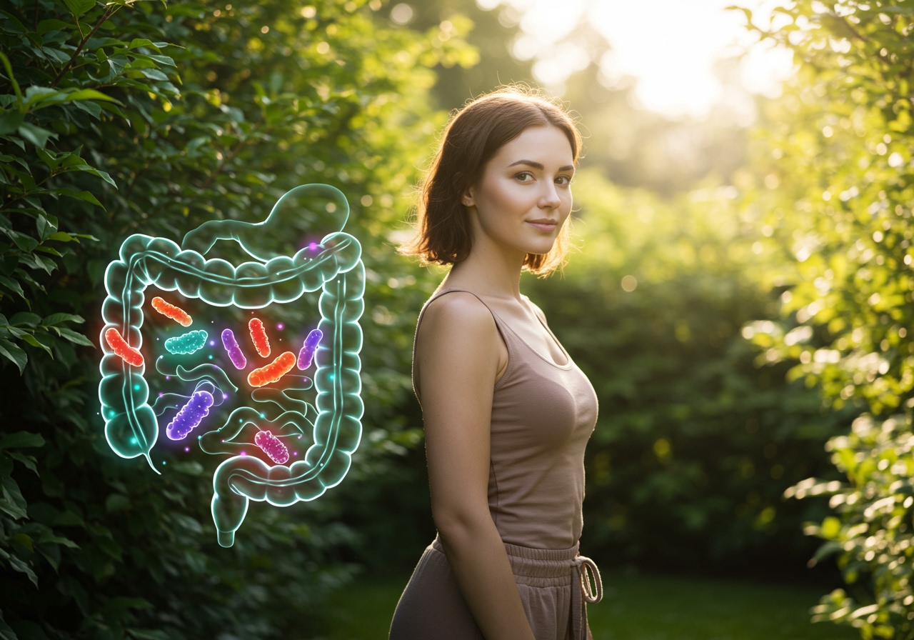 A serene image representing gut health and well-being, perhaps a person looking healthy with a subtle visual of a healthy gut microbiome.