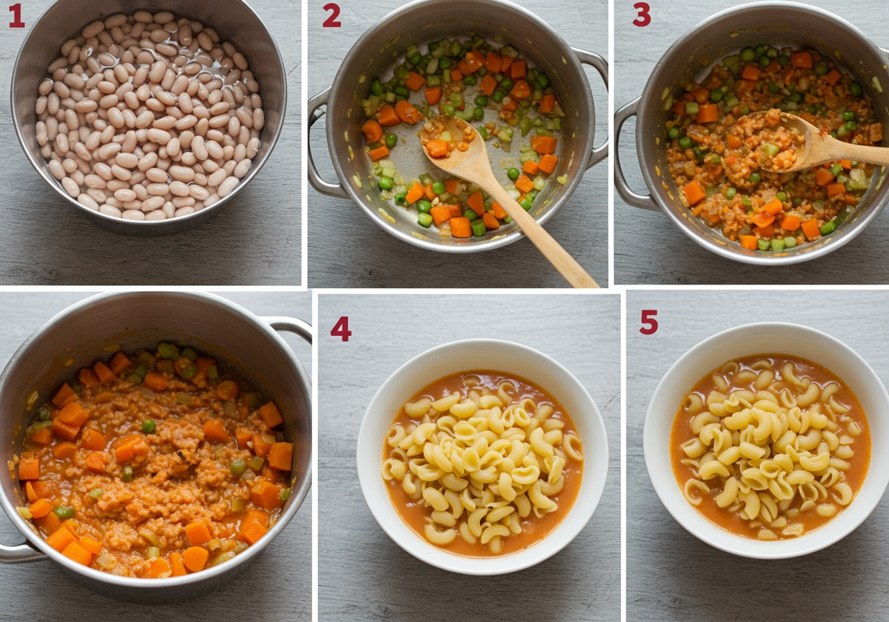 A series of photos showing the key steps of making Passatina: 1) Dried beans soaking, 2) Sautéing vegetables for soffritto, 3) Mashing cooked beans in the pot, 4) Adding pasta to the soup, 5) The finished dish in a bowl.