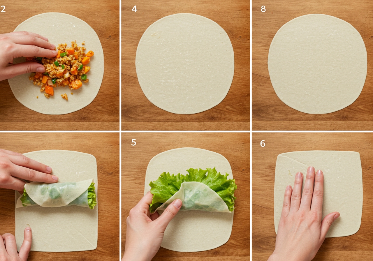 A series of step-by-step images showing how to wrap a spring roll: placing filling, folding the bottom flap, folding the sides, and rolling it up with paste on the final corner.
