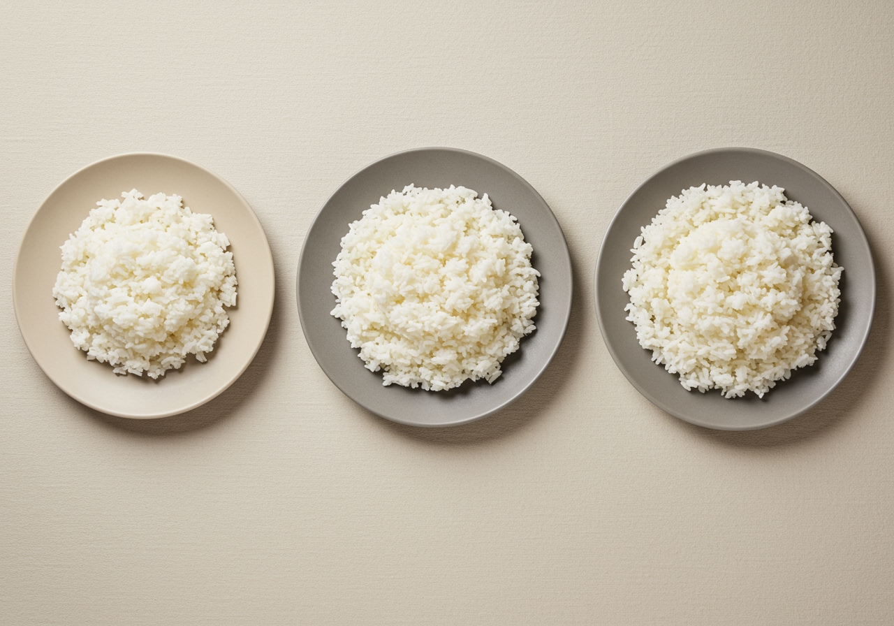 A series of three plates showing different portion sizes of rice, illustrating small, medium, and large portions for context on portion control.