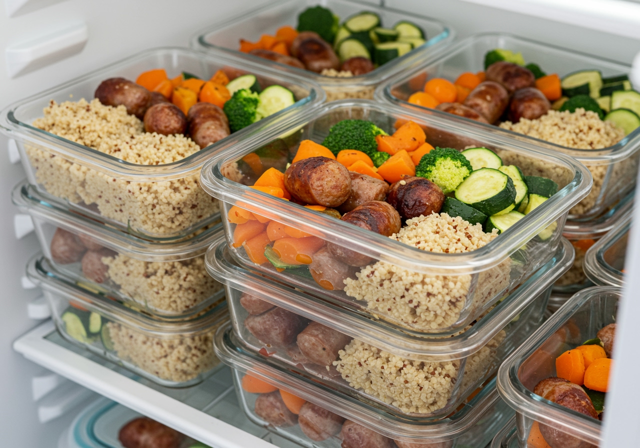 A series of transparent glass meal prep containers, each filled with a portion of the perfectly cooked sheet pan sausage and seasonal vegetables. The containers are neatly stacked in a refrigerator, showcasing a healthy and organized meal prep strategy. Some containers also contain a side of quinoa or brown rice.