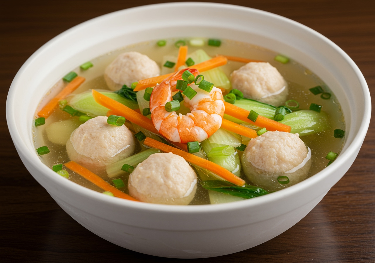 A serving bowl filled with freshly made shrimp ball soup, showing colorful vegetables and plump shrimp balls, garnished with green onions.