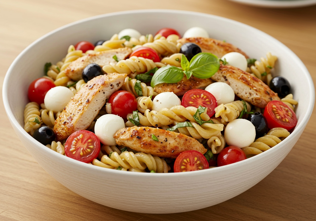 A serving bowl of easy mozzarella pasta salad with added grilled chicken pieces and black olives.