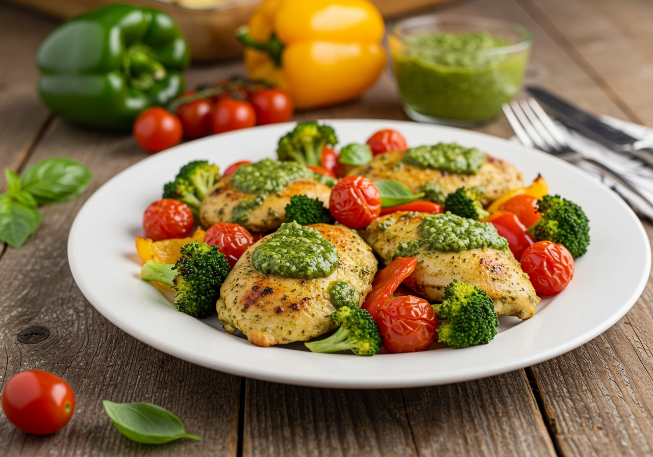 A serving of basil chicken pesto sheet pan bake on a plate, viewed from a mid-angle, showing the mix of chicken and vegetables.