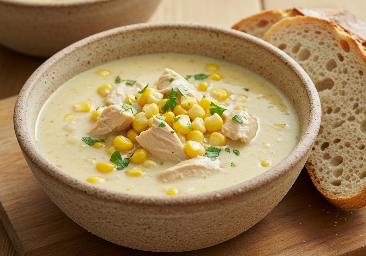 A serving of creamy chicken and corn chowder in a rustic bowl, garnished with fresh parsley, perhaps with a piece of crusty bread on the side.