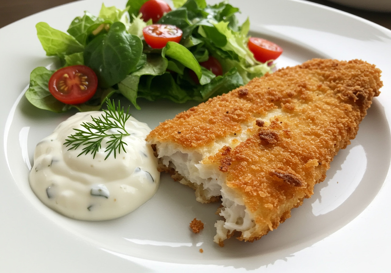 A serving of crispy air fryer fish fry with a side of tartar sauce and a simple green salad