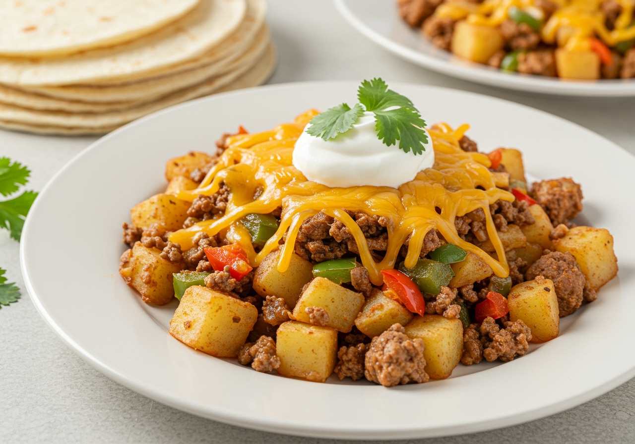A serving of easy Mexican hash on a plate, topped with melted cheese, a dollop of sour cream, and fresh cilantro, with a side of tortillas.