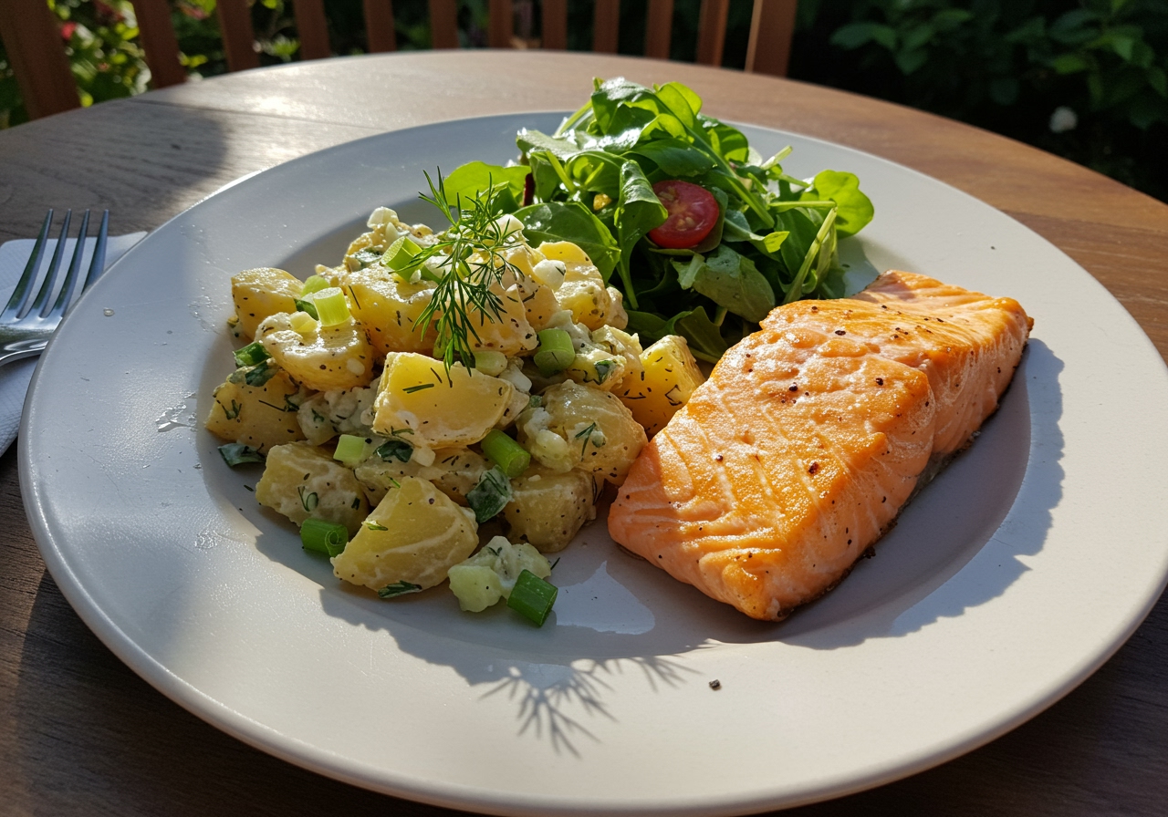 A serving of healthy baked potato salad on a plate, garnished with fresh herbs, alongside a grilled salmon fillet and a small green salad, indicating a balanced meal.
