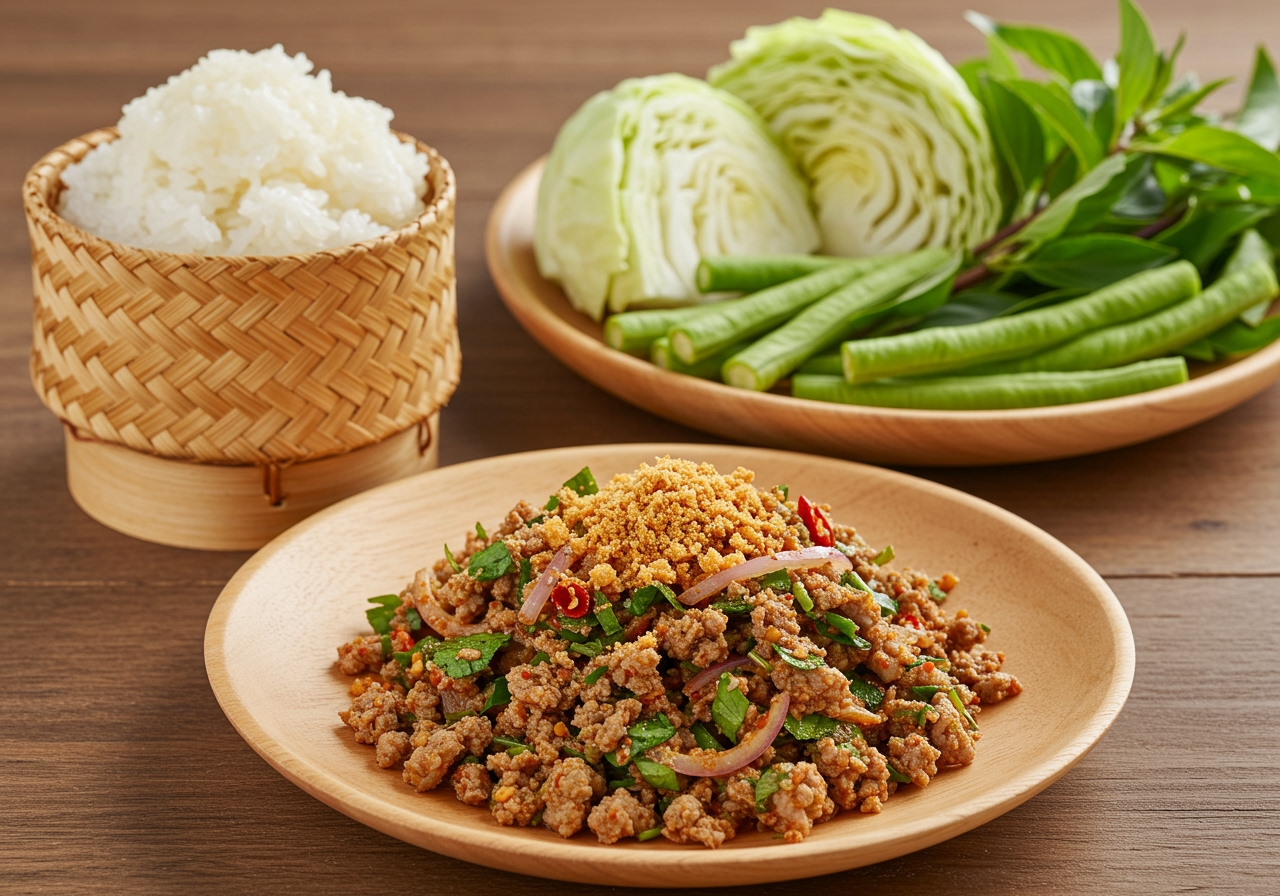 A serving of Larb alongside a basket of sticky rice and a plate of fresh accompanying vegetables like cabbage, long beans, and herbs.