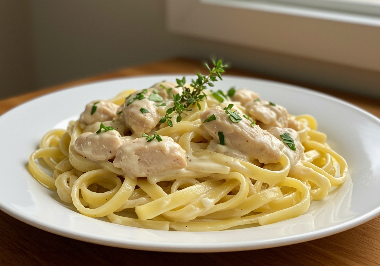 A serving of One-Pot Chicken Alfredo on a plate, showing creamy pasta, chicken pieces, and a sprinkle of green herbs.