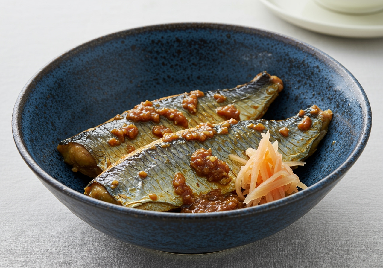 A serving of Saba Misoni in a traditional Japanese bowl, garnished with ginger