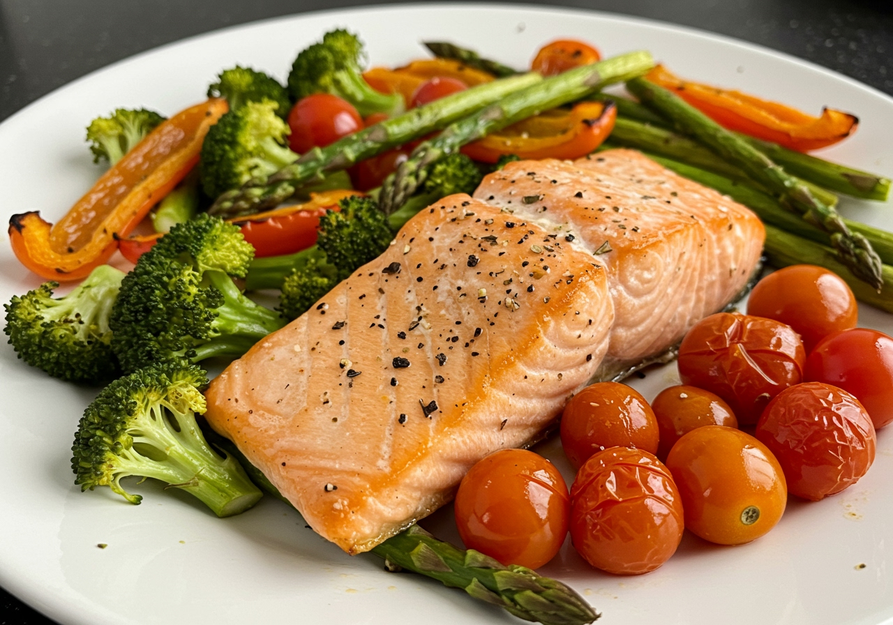 A serving of sheet pan grilled salmon and roasted vegetables on a plate, highlighting the vibrant colors and healthy appearance of the meal.