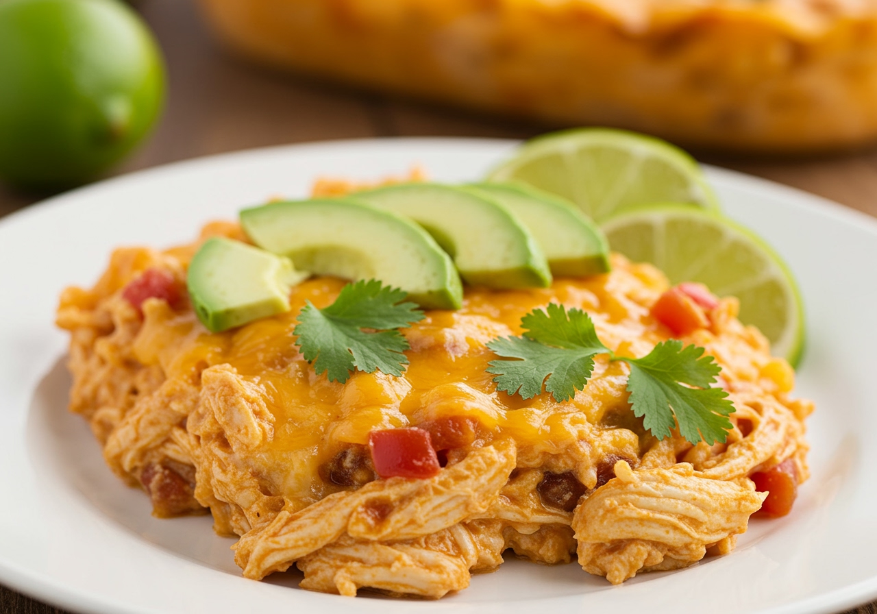 A serving of Tex-Mex chicken casserole on a plate, garnished with avocado slices, cilantro, and a lime wedge.