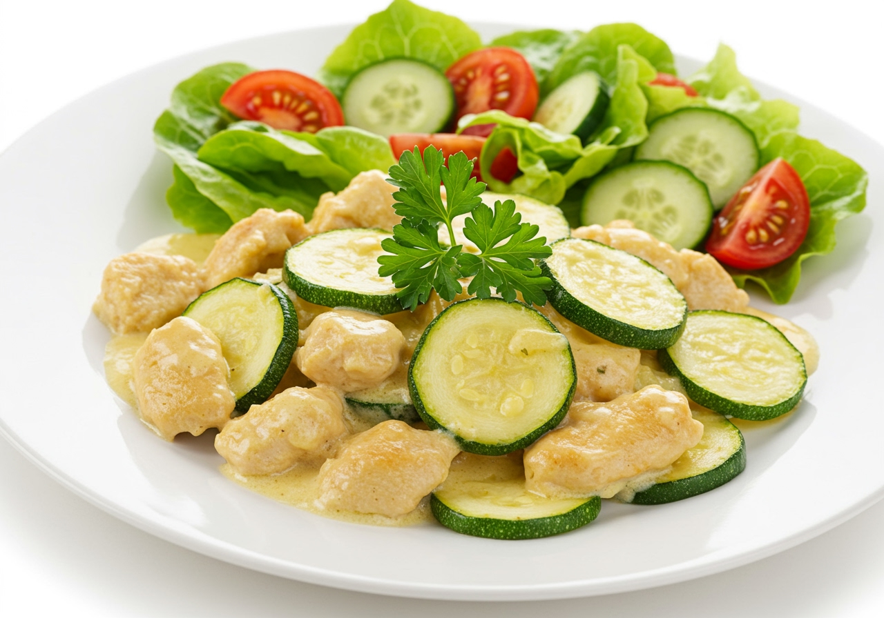 A serving of zucchini and chicken casserole on a plate, garnished with fresh parsley, with a side salad