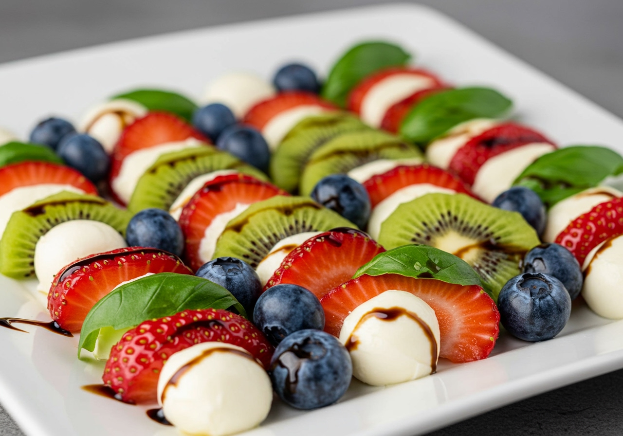 A serving plate with fruit caprese, showing the layering of different fruits, mozzarella, and basil, with a drizzle of balsamic glaze.