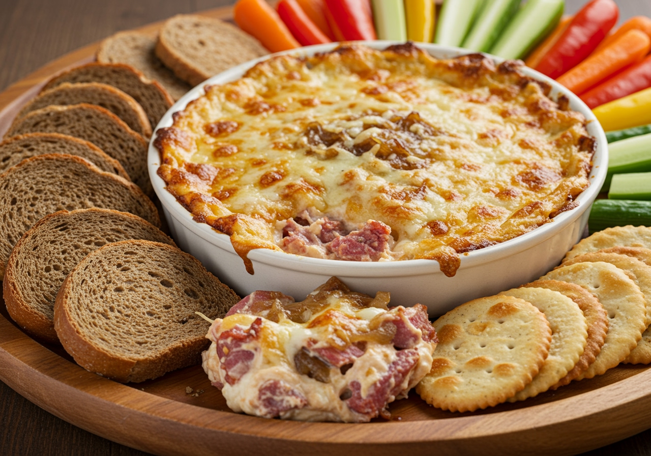 A serving platter filled with a warm Reuben Dip in the center, surrounded by various dippers like toasted rye bread slices, crackers, and vegetable sticks.