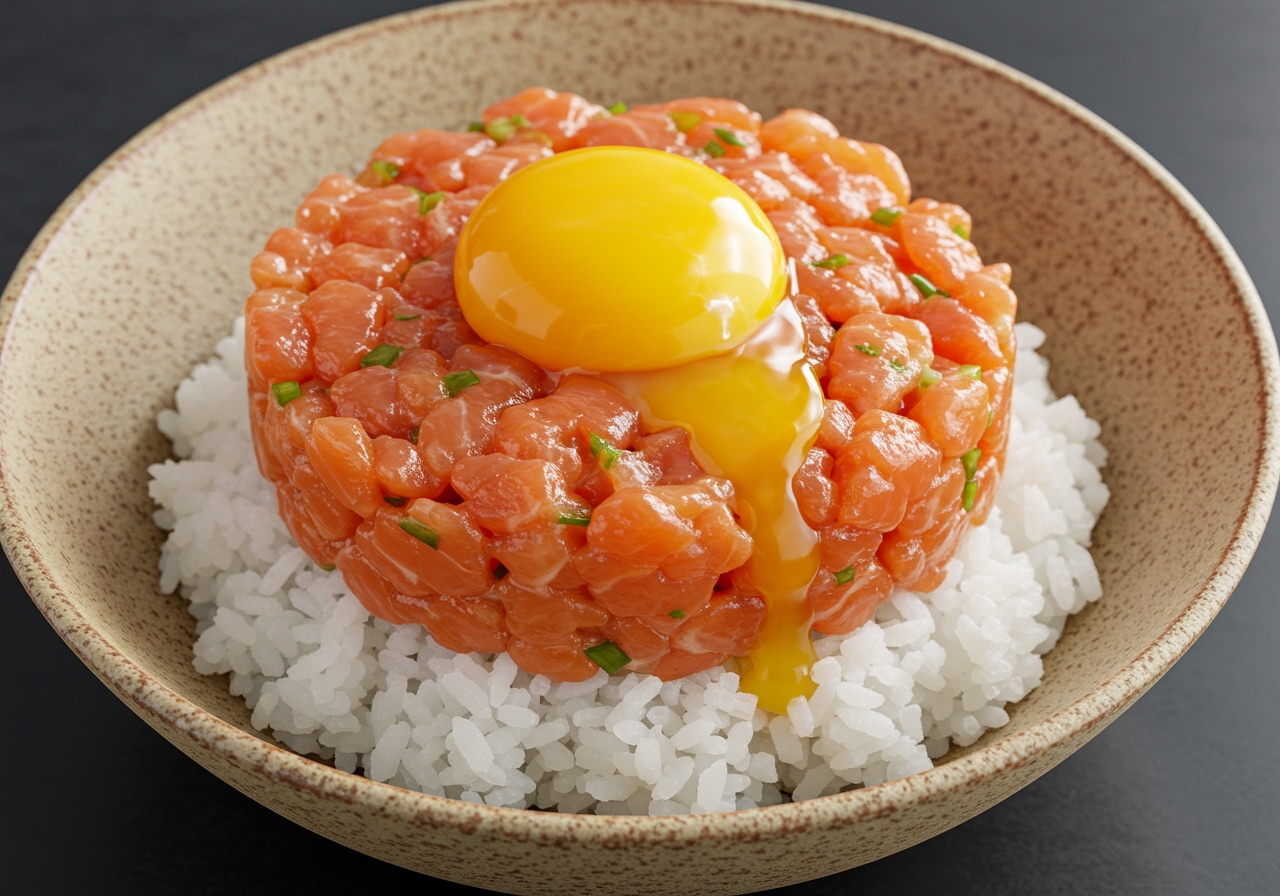 A serving suggestion image, like salmon tartare yukhoe served over a bowl of rice with an egg yolk on top.