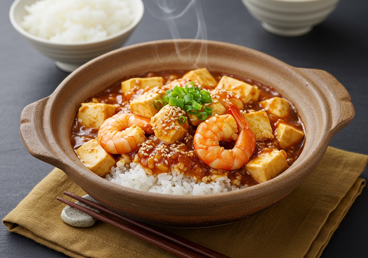 A serving suggestion of the shrimp and tofu stew served over a small bowl of white rice.