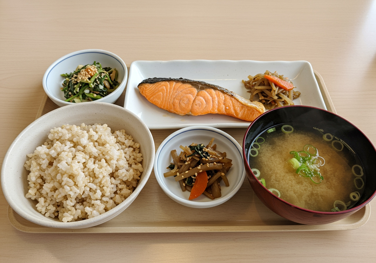 A set meal tray with a bowl of brown rice, a small bowl of miso soup, a piece of grilled salmon, and two small side dishes (gomae and kinpira).