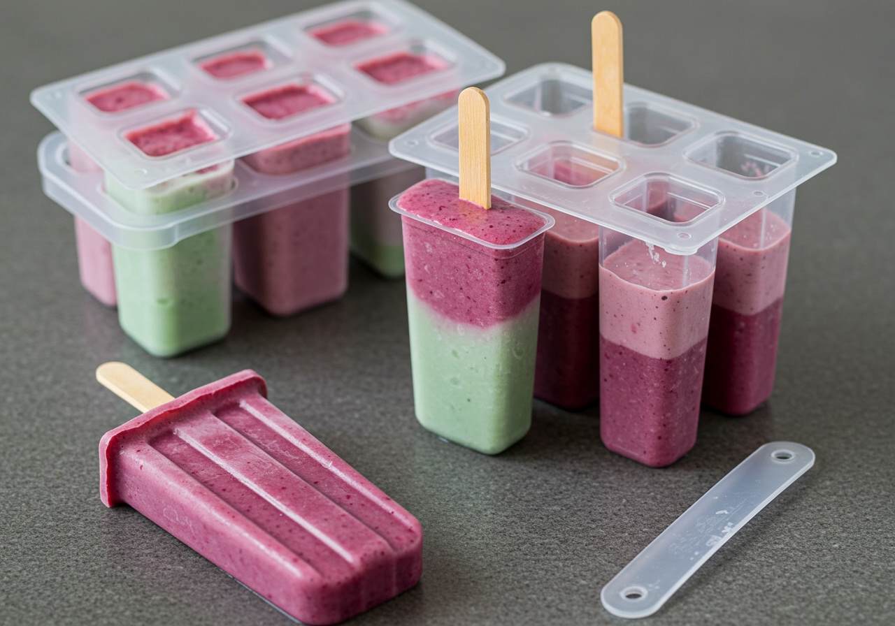 A set of clear silicone popsicle molds, with different colorful layers of smoothie mixture visibly separated and partially frozen. One mold has a stick inserted. The scene is clean and suggests the process of making the pops.