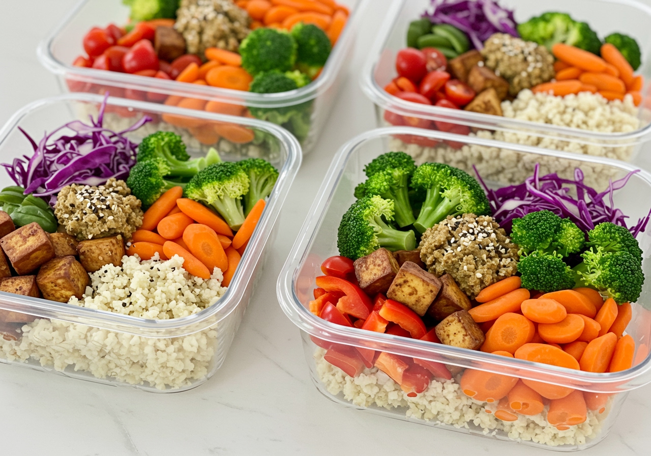 A set of four identical meal prep containers filled with Buddha bowls, each perfectly arranged with cauliflower rice, various colorful vegetables, and plant-based protein, ready for the week.