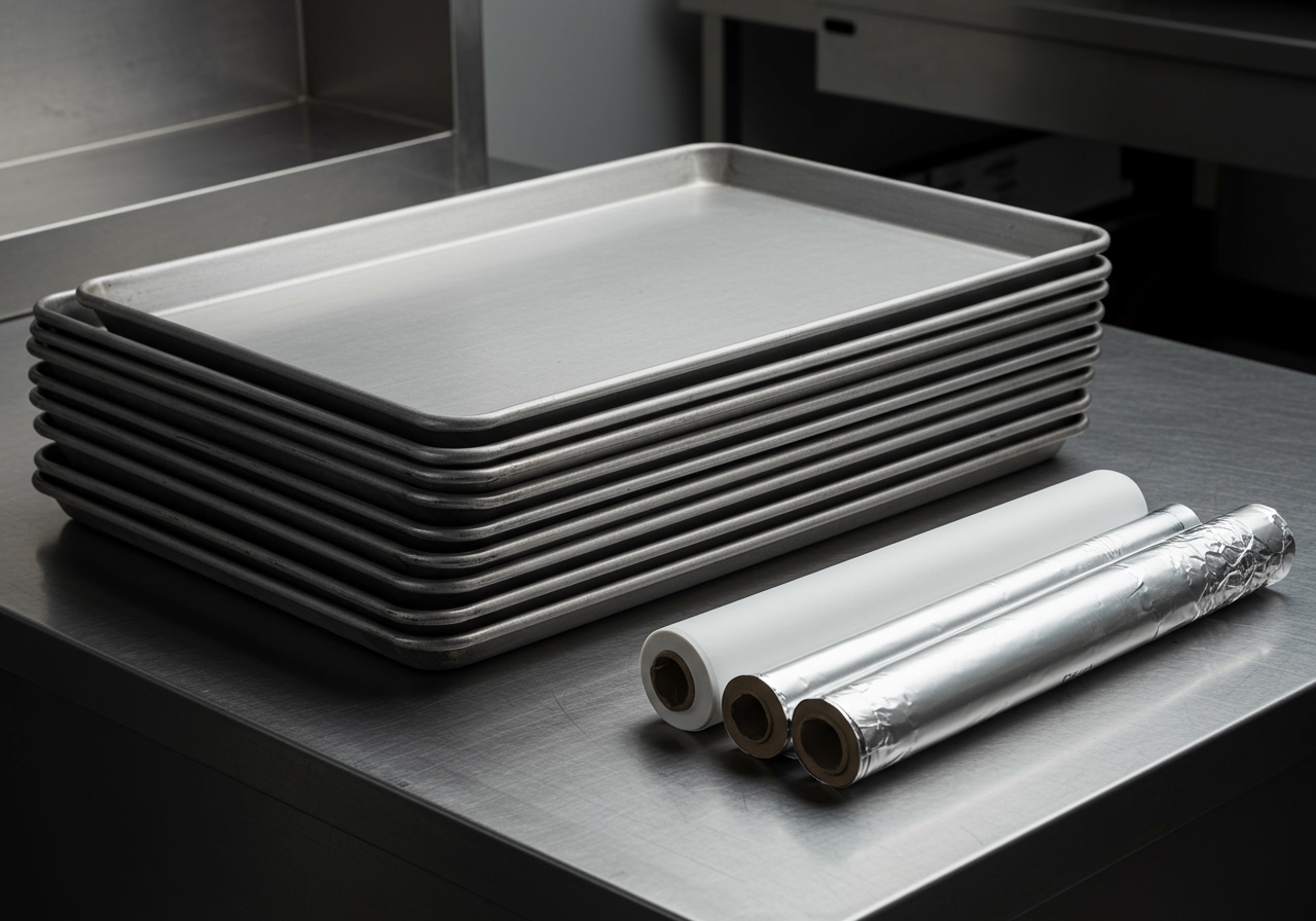 A set of neatly stacked clean sheet pans with rolls of parchment paper and aluminum foil next to them