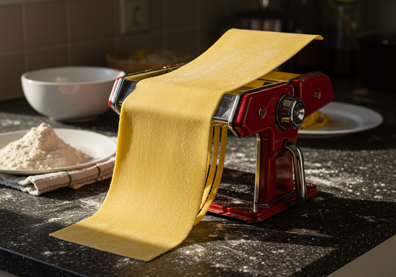 A sheet of homemade semolina pasta dough being fed through a manual pasta machine on a kitchen counter.