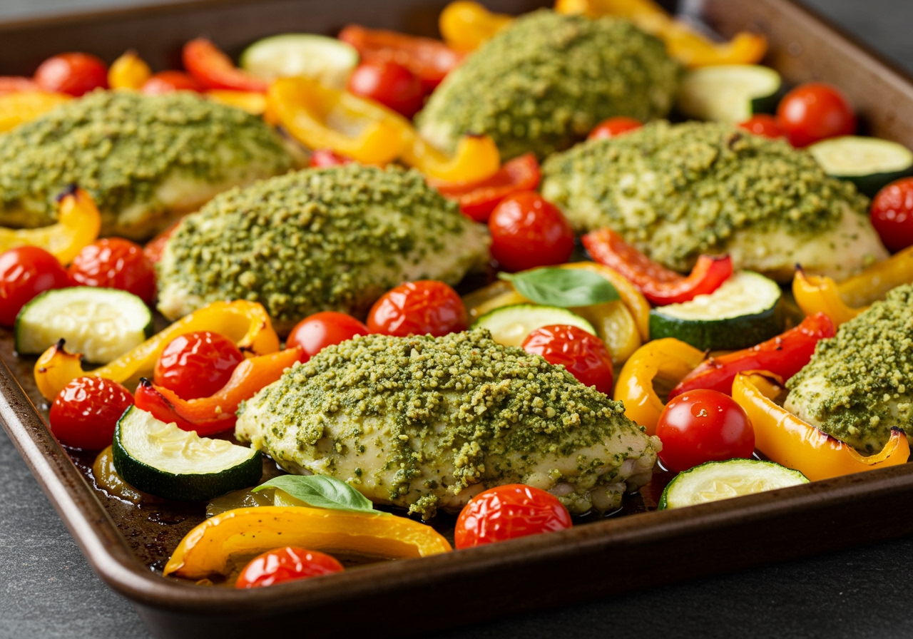 A sheet pan bake of basil chicken and vegetables, photographed from a mid-angle perspective, showing the crispy chicken skin, vibrant vegetables, and the green pesto coating.