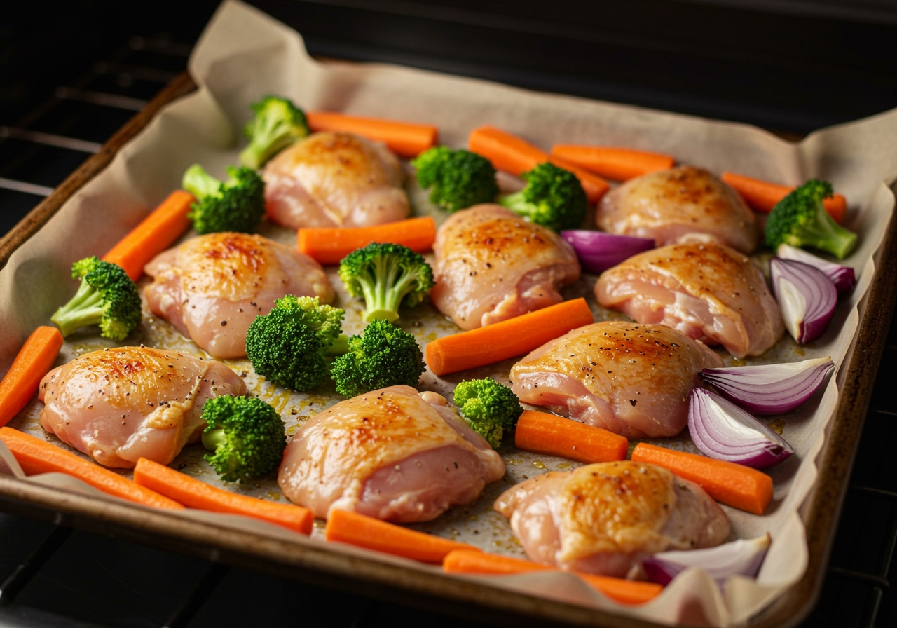 A sheet pan covered with parchment paper, neatly arranged with marinated chicken pieces, chopped broccoli florets, carrot sticks, and red onion wedges, ready to be placed in the oven.